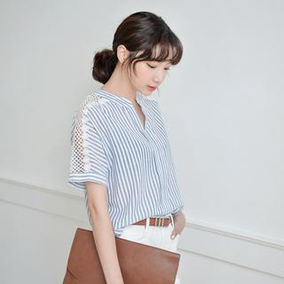 JUSTONE Lace-Panel Open-Placket Stripe Top