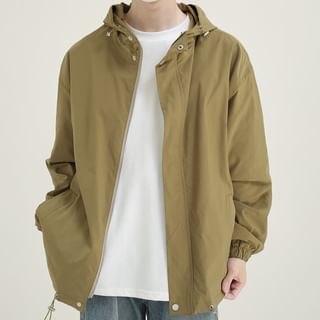 Plain Hooded Drawstring Hem Zip-Up Jacket