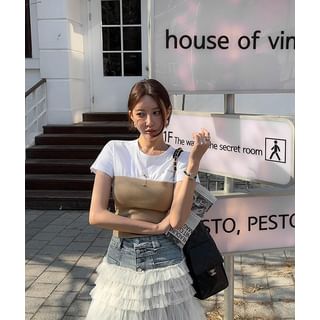 Knit-Panel Slim Crop T-Shirt