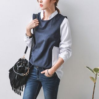 JUSTONE Inset Sleeveless Top Mandarin-Collar Shirt