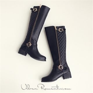 Romantic Factory Faux-Leather Quilted-Panel Long Boots