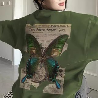 Crew Neck Butterfly Print Oversized Sweatshirt