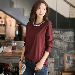 Styleonme Tweed-Trim Neckline Long-Sleeve Top