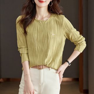 Long-Sleeve Crewneck Ribbed Plain Tee