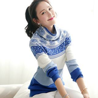 lilygirl Stand Collar Color Block Sweater