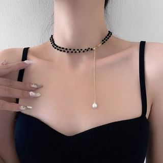 Faux Pearl Pendant Faux Crystal Choker Black - One Size