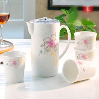 Jarsun Set of 5: Floral Print Ceramic Teapot + Cup