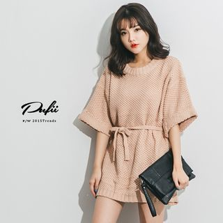 PUFII Elbow-Sleeve Sweater Dress with Sash