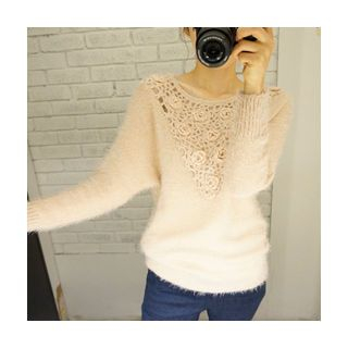 LEELIN Floral-Crochet Furry-Knit Top