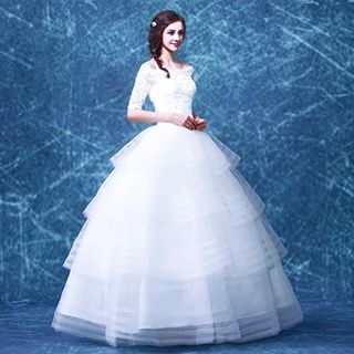 Angel Bridal Elbow-Sleeve Lace Panel Ball Gown Wedding Dress