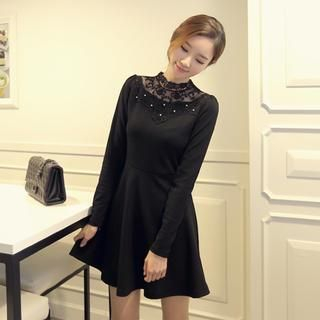 CLICK Lace Neckline Long-Sleeved Dress