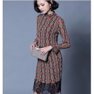 Romantica Long-Sleeve Lace-Panel Printed Dress