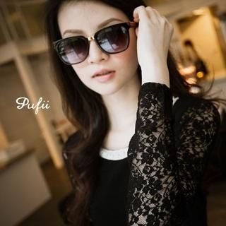 PUFII Faux Pearl-Neckline Lace-Sleeve Mini Dress With Sash