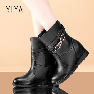 YIYA Genuine Leather Buckled Hidden Wedge Short Boots