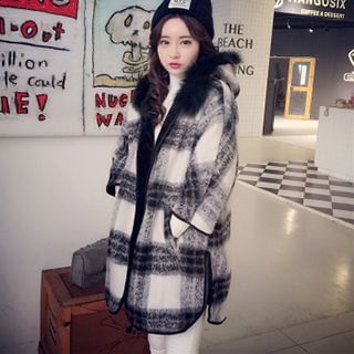 Miss Fan Faux Fur Trim Hooded Plaid Coat