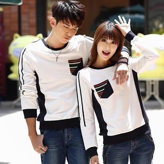 Igsoo Couple Long-Sleeve Pinstriped T-Shirt