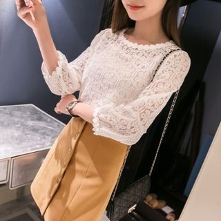 Ekim Set: Long-Sleeve Lace Top + Button A-Line Skirt