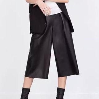 Chicsense Faux-Leather Wide-Leg Cropped Pants