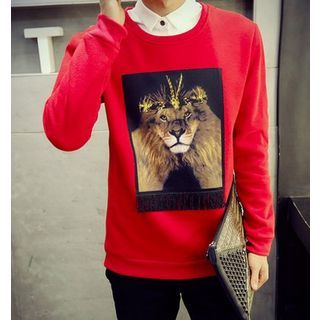 Fisen Mock Two-piece Lion Printed Collared Pullover