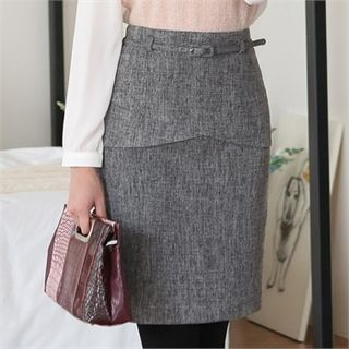 ode' M lange Peplum Pencil Skirt with Belt