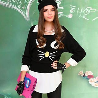 Dabuwawa Wool-Blend Cat-Accent Sweater