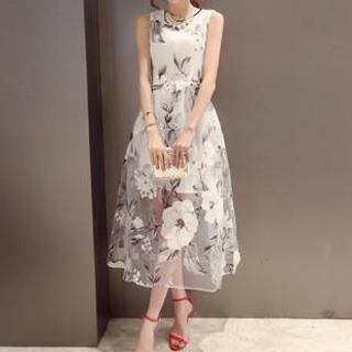 Dowisi Sleeveless Floral Print Organza Dress