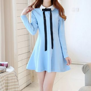 Aikoo Long-Sleeve Contrast-Collar A-Line Dress