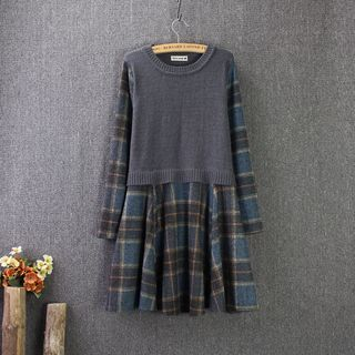 Blue Rose Knit Panel Long-Sleeve Plaid Dress