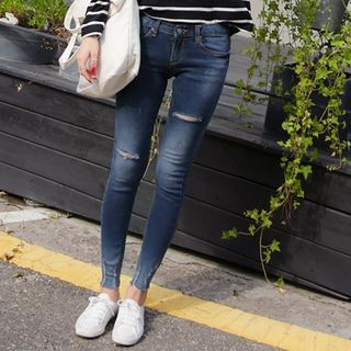 Seoul Fashion Fray-Hem Washed Skinny Jeans