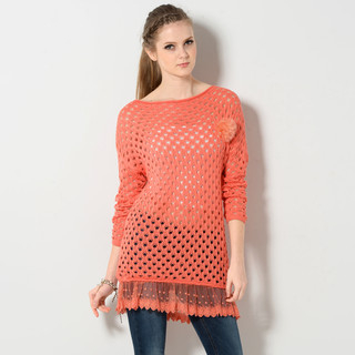 YesStyle Z Open-Knit Peplum Hem Sweater + Tulle Brooch Orange - One Size