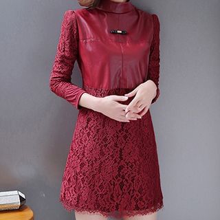 Beekee Fleece-lined Faux Leather Panel Lace Dress