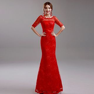 Angel Bridal Elbow-Sleeve Mermaid Lace Evening Dress