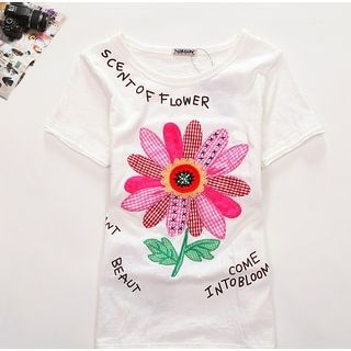 Cute Colors Short-Sleeve Flower Appliqué T-Shirt