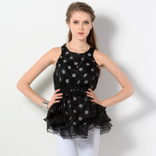YesStyle Z Sleeveless Dotted Trapeze Top with Belt Black - One Size