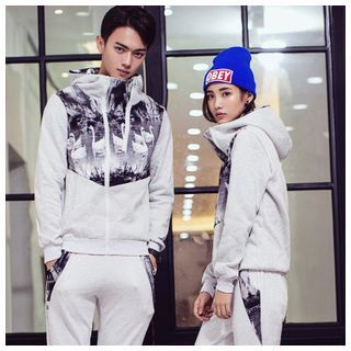 Simpair Print Panel Hooded Couple Jacket