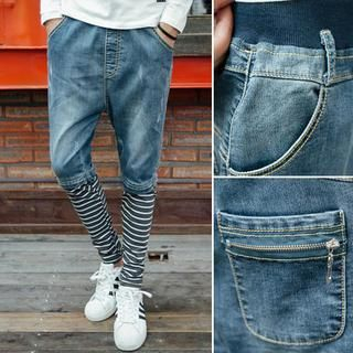 Bay Go Mall Striped Panel Washed Jeans
