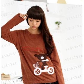 Bear & Bicycle Print T-Shirt Brown - One Size