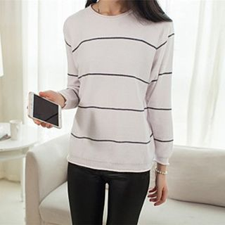 Jiuni Long-Sleeve Striped Knit Top