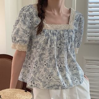 Short-Sleeve Square Neck Floral Blouse