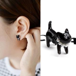 Seoul Young Double-Stud Cat Single Earring Black - One Size