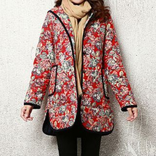 Jiuni Hooded Floral Button Long Jacket