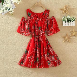 Clementine Cut Out Shoulder Floral Print A Line Chiffon Dress