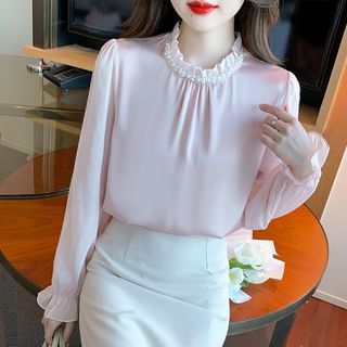 Long-Sleeve Plain Faux Pearl Blouse