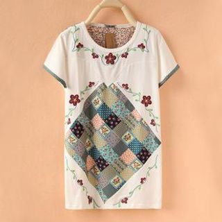 Cute Colors Short-Sleeve Print Panel Embroidered T-Shirt