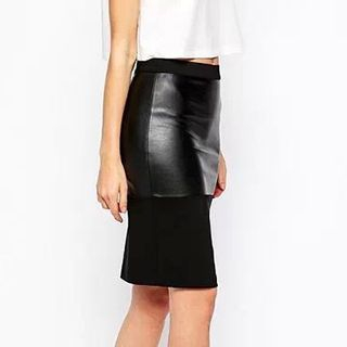 Chicsense Faux-Leather-Panel Midi Skirt