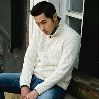 STYLEMAN Mock-Neck Half-Placket Cable-Knit Top