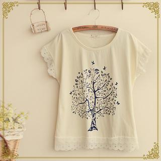 Fairyland Lace-Trim Tree Print T-Shirt