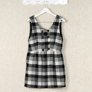 YesStyle Z Sleeveless Buttoned Check Knit Dress Black and White - One Size