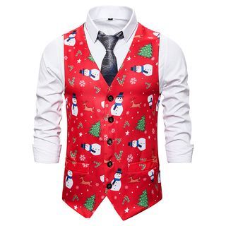 V-Neck Christmas Patterned Button Vest