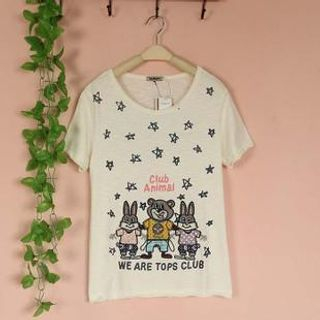 Cute Colors Short-Sleeve Bear & Rabbit Applique T-Shirt